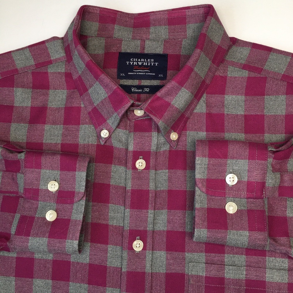 Charles Tyrwhitt Shirt Mens XL Classic Fit Dark Pink/Gray Weekend